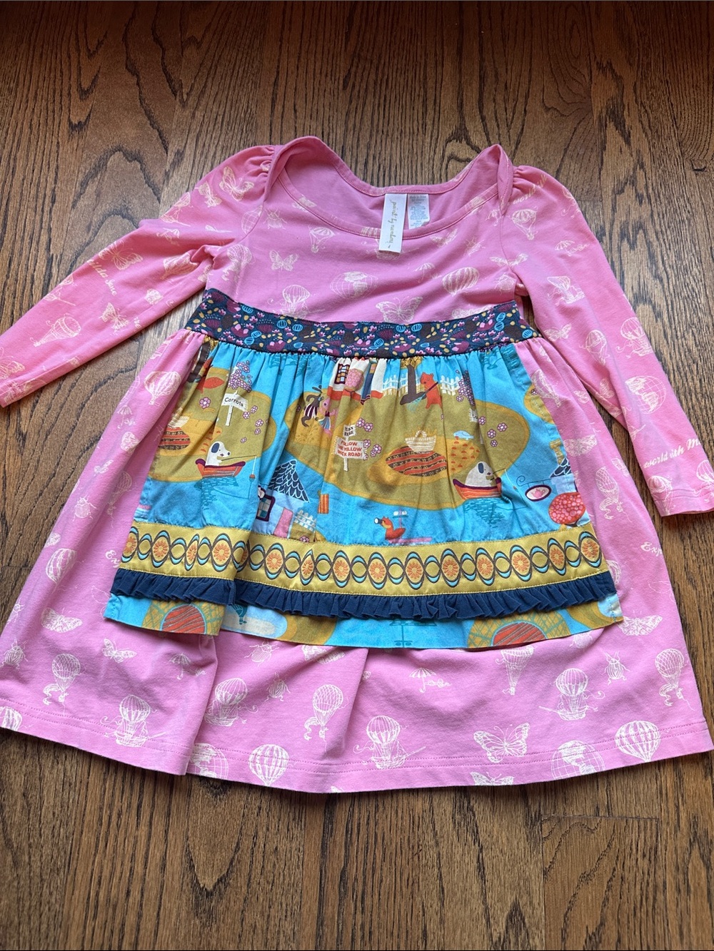 Matilda Jane Pink Long-Sleeve Dress with Colorful Printed Skirt Panel